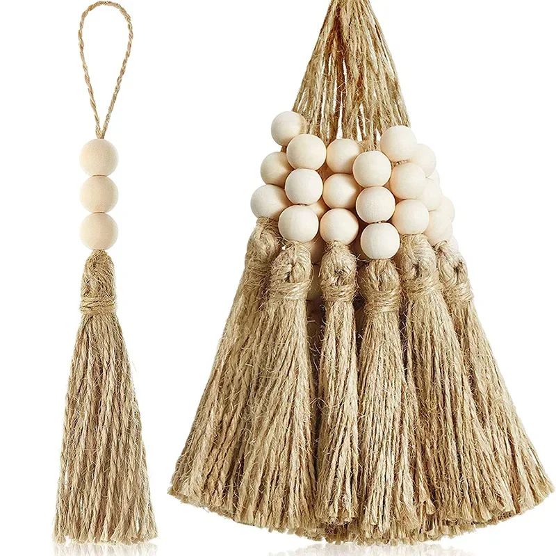 1/2/3Pcs Jute Tassel with 3 Wood Beads Natural Jute Rope Tassels Beaded Tassels for DIY Crafts Tassels Home Wedding Party Decor