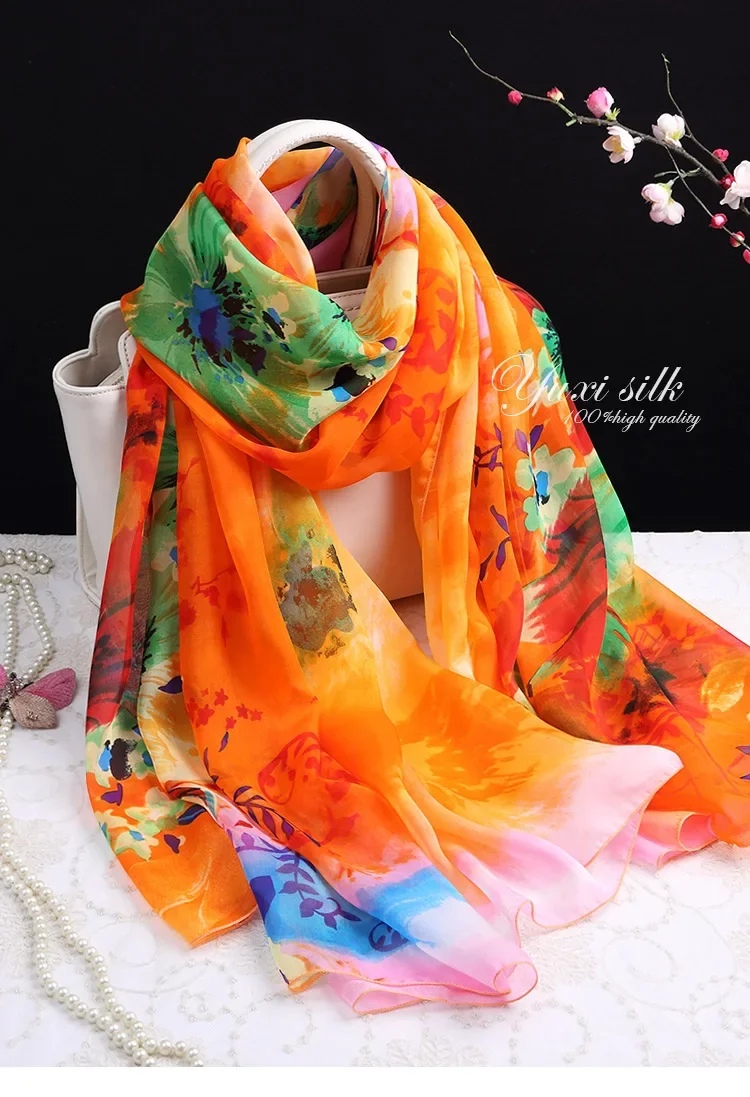 100%  silk scarf  Women Printed  Orange floral silk scarf ladies Hangzhou  all seasons  elegant  soft Long Shawl Wrap  spring
