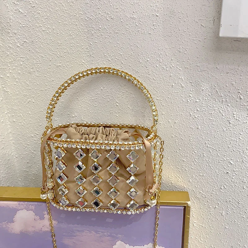 

Metal shiny rhinestone square diamond birdcage vegetable basket dinner bag light luxury hollow high-end handbag