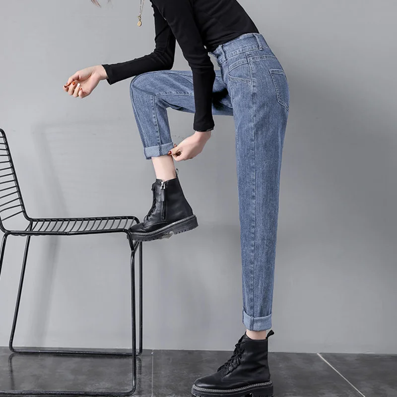 Koreaanse Mode Knop Harem Jeans Vrouwen Hoge Taille Broek Blauw Casual Denim Broek Student 92-96Cm Enkel Classic vaqueros Mujer