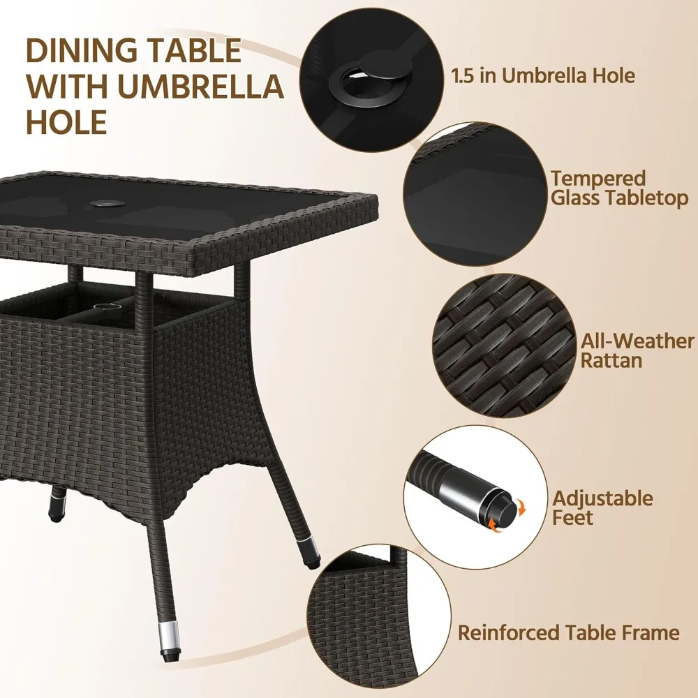 5-Piece Patio Furniture Set, Outdoor Rattan 4 Dining Chairs & Tempered Glass Table with Umbrella Hole, for Garden Backyard Deck