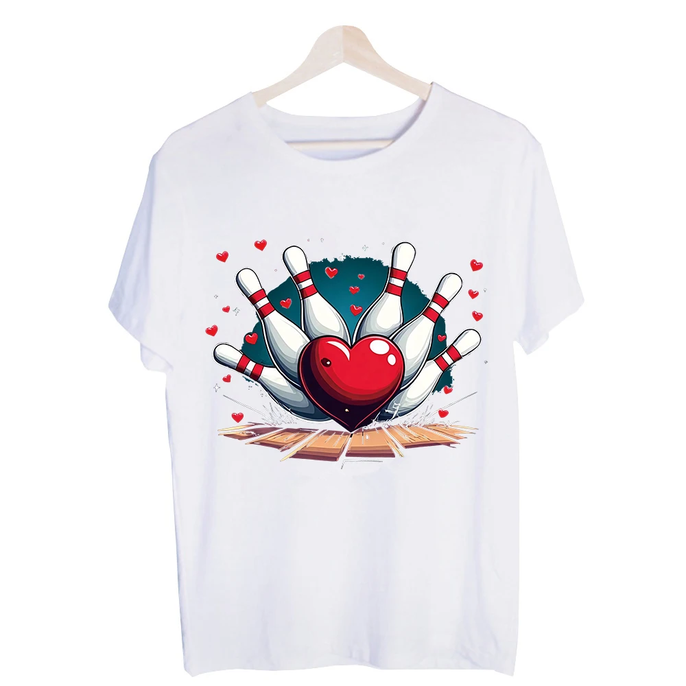 Men's Heart Bowling Pin Graphic Tee, Short Sleeve Crew Neck T-Shirt for Casual Weekend Outfits