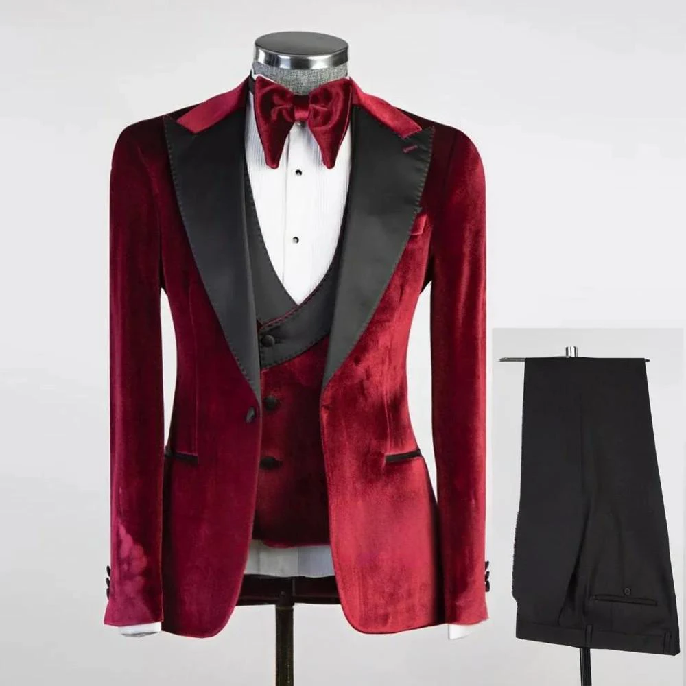 

Graceful Men's Velvet 3 Piece Suit Slim Fit Blazer Vest Pants Set Contrast Lapel Formal Wedding Groom Attire,Business suit
