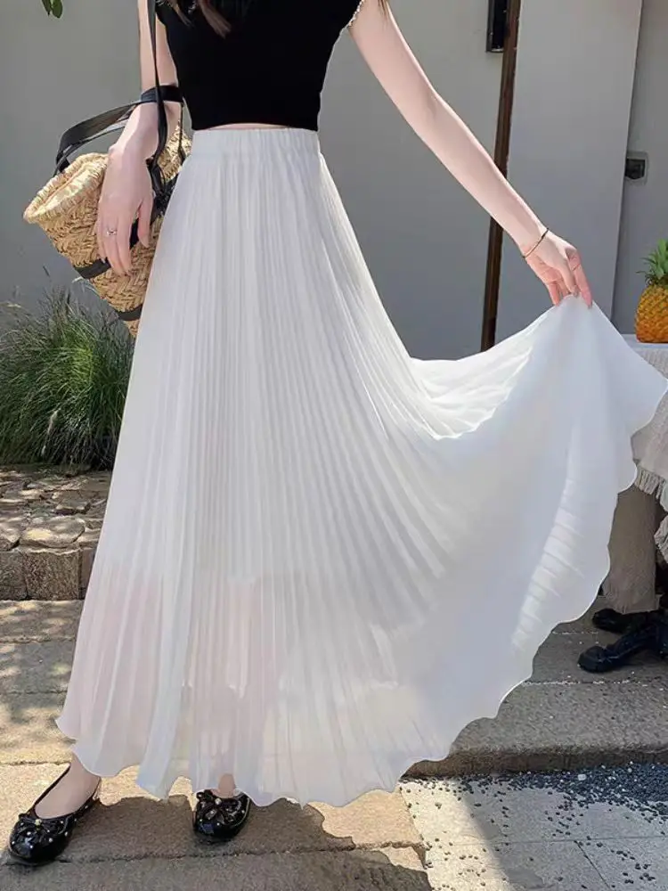 2025 Summer Pleated Chiffon Skirt Women's High-Waisted Flowy A-Line Maxi  Skirt Beach Vacation Dress - AliExpress 200000345