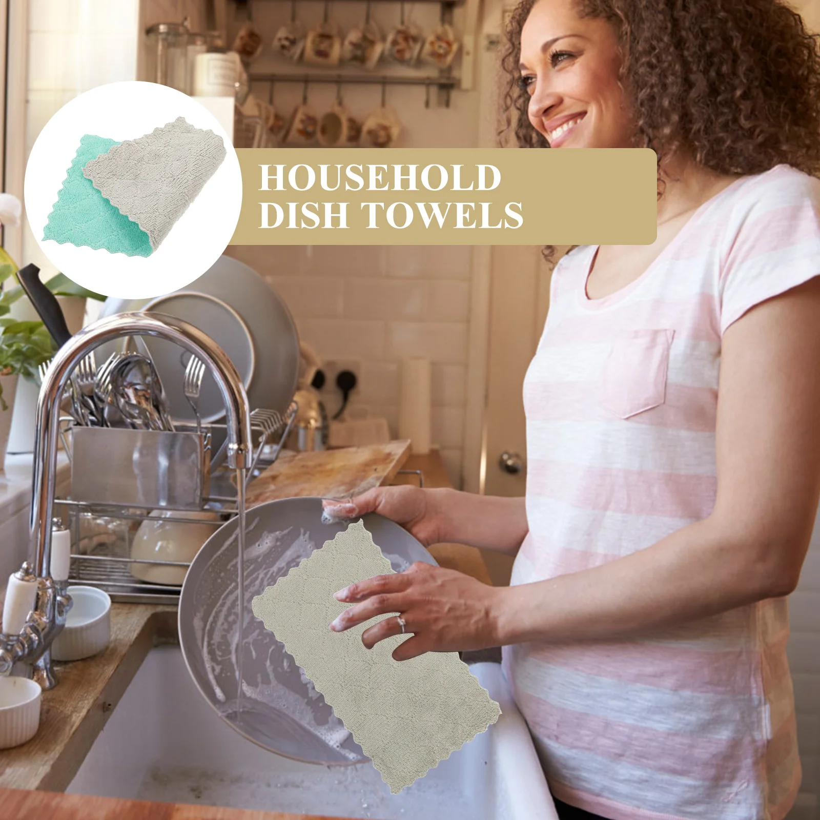 

10 Kitchen Cleaning Cloths 16x27cm Green Grey Double Sided Thick Coral Fleece Water Absorbing Dish Towels Glassware Plates