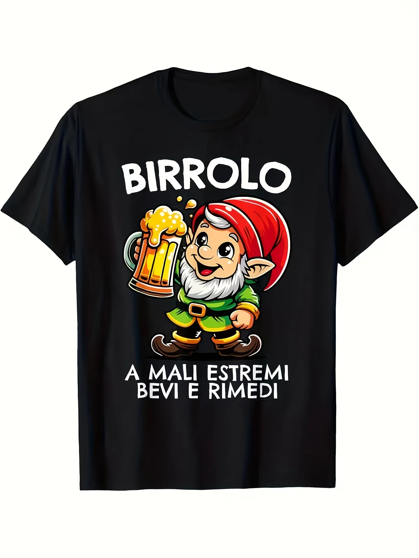 Men'S Fun Beer Enthusiast Graphic T-Shirt Black Casual Summer Short Sleeve with Elf and Italian Humor Design Humor Meme T Shirt