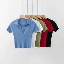 Summeer women's t-shirts vintage clothes blue knit polo shirts women short sleeve tees green shirts polos mujeres shirts woman