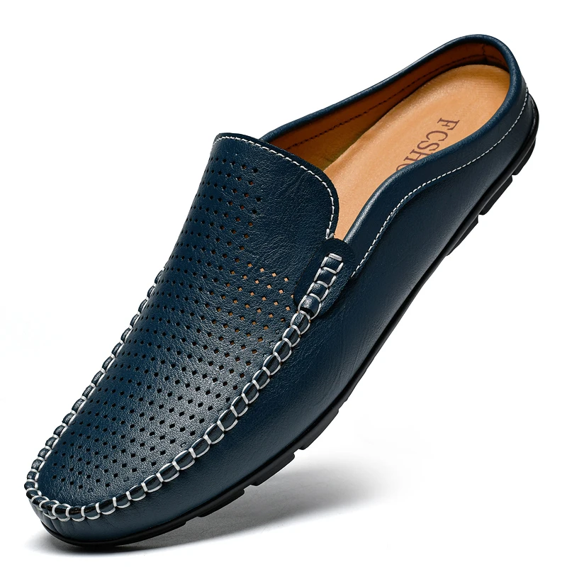 Hollow Out Mules Half Shoes For Men Plus Size Leather Backless Casual Shoes Semi-Drag Loafers Slippers Open-back Slides Sandals