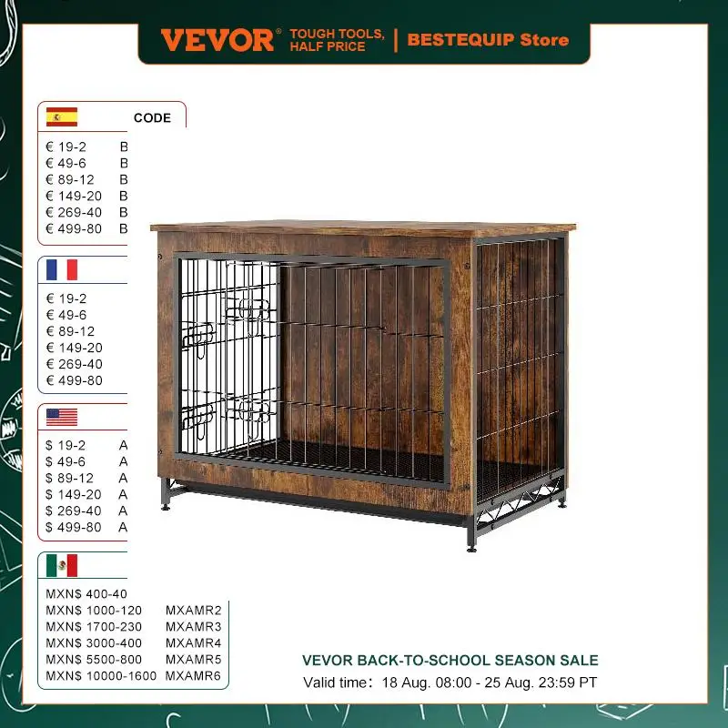 VEVOR  32 inch Wooden Dog Crate with Double Doors Heavy Duty Dog Cage Removable for Dogs up to 45lb Rustic Brown