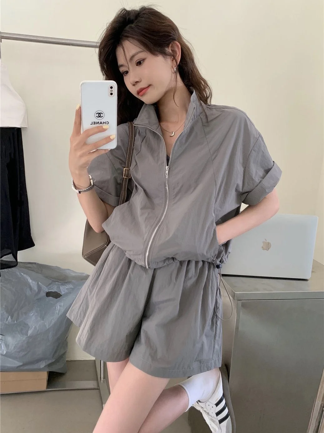 

Summer 2024 Sweet Milk Cute Sun Protection Set Short Sleeve Outerwear Shorts Sport Casual Two Piece Set Women Fashion