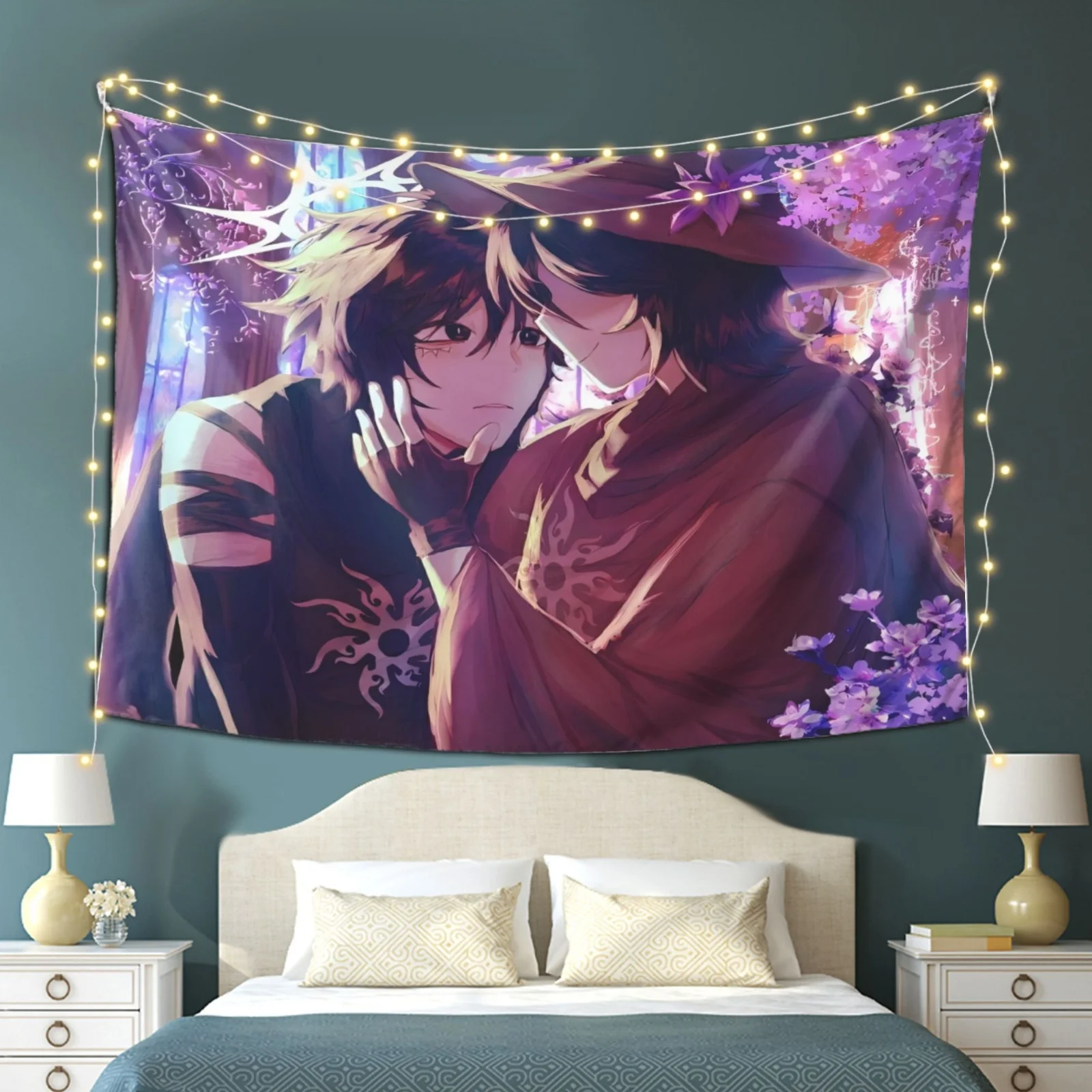 Forsaken Anime Tapestry - Vibrant Horizontal Wall Hanging with Romantic Anime Characters, Polyester Fabric, Perfect for Living
