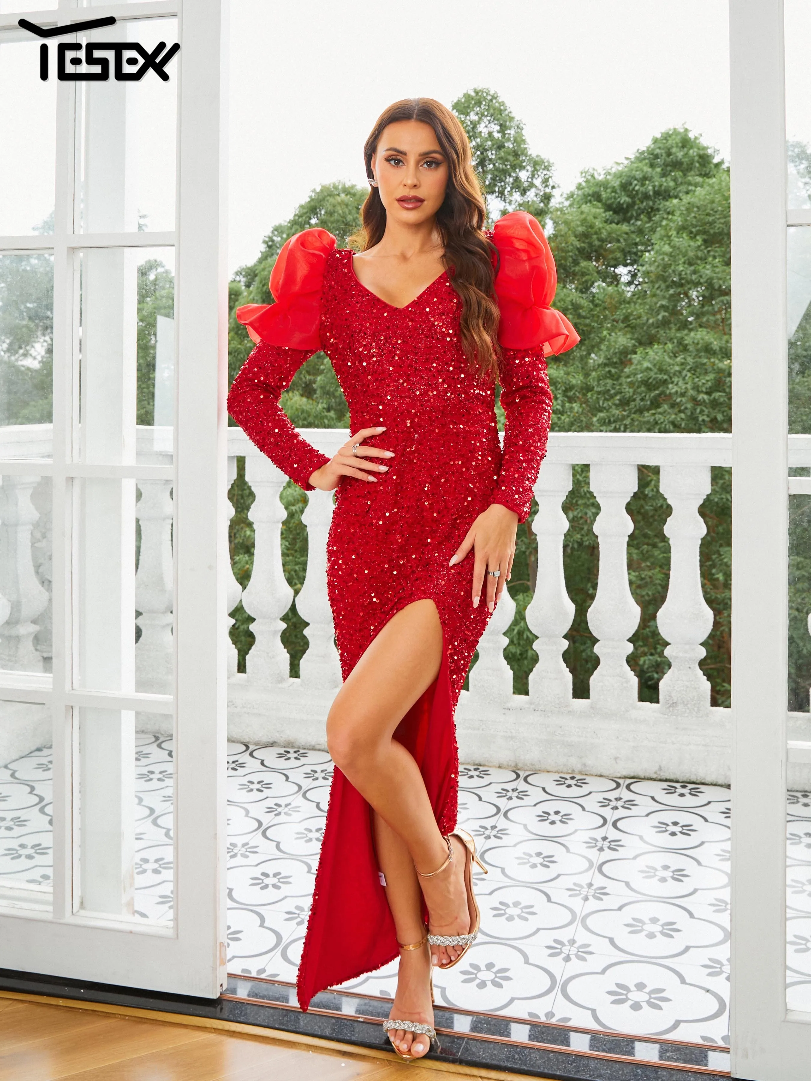 

Yesexy New Elegant Party Dresses V-neck Long Sleeve Split Red Sequin Evening Prom Formal Occasion Dresses