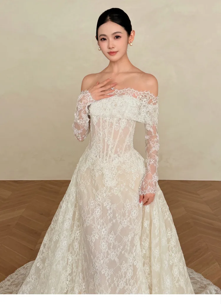 Strapless Lace Corset Mermaid Wedding Dress Detachable Long Lace Sleeves Draped Satin Skirt Train Bridal Gown Sheer Bodice