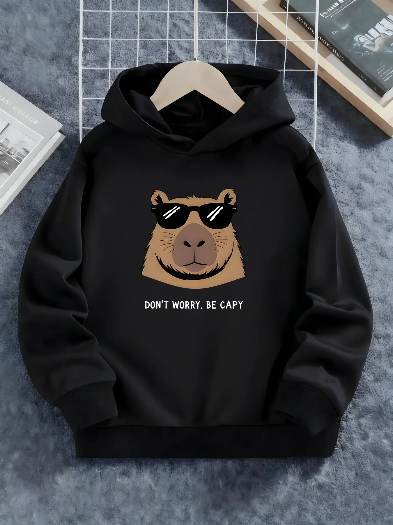 Kids Cute Capybara Graphic Printed Hoodie Black Dont Worry Be Capy Sweatshirt Loose Autumn Winter Active Streetwear Outerwear