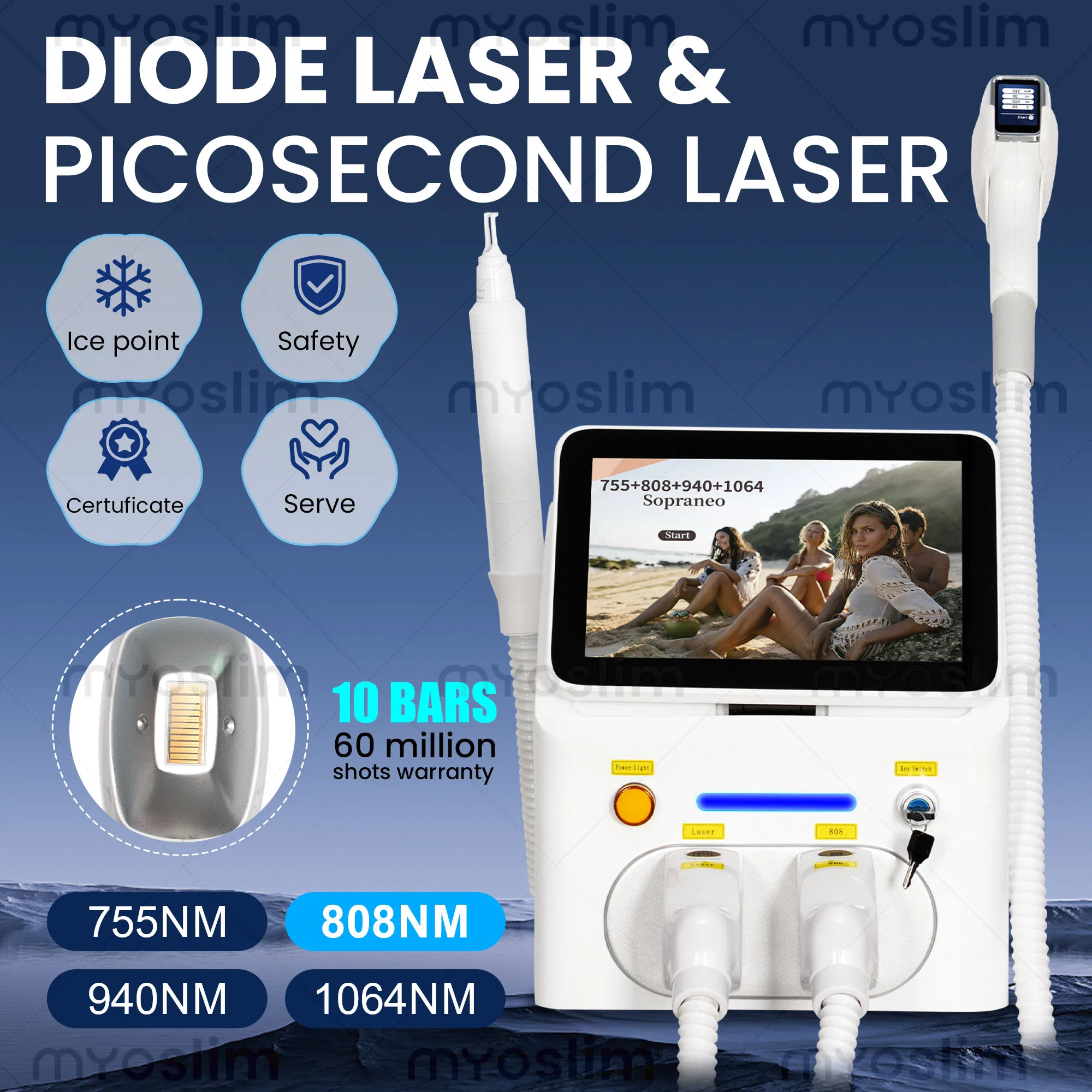 Diode Laser Hair Removal 2in1 Picosecond Device 6 Wavelength Sapphire Ice Cooling Painless Tattoo