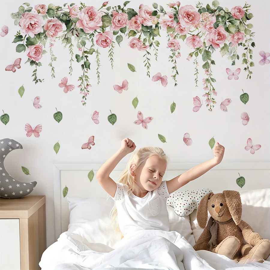 1/2 Sheets/Set Pink Rose Butterfly Wall Stickers for Girl's Bedroom Living Room Decor,Removable Peel and Stick,Spring Summer