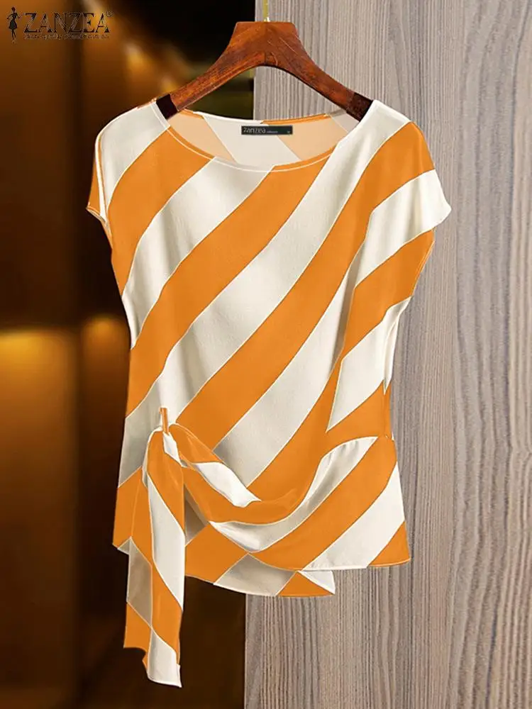 ZANZEA Elegant Party Satin Blouse Women Vintage Stripes Cap Sleeve Tops 2024 Summer Chic Irregular Hem Tunic Loose O-neck Blusas