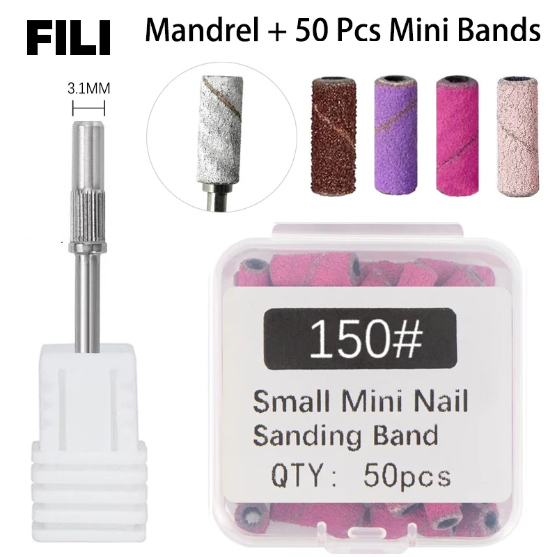 50 szt. 3,1 mm małych taśm szlifierskich z zestawem wałków do martwego naskórka, modzeli, polerowania paznokci, mini wiertła do paznokci, narzędzie do manicure