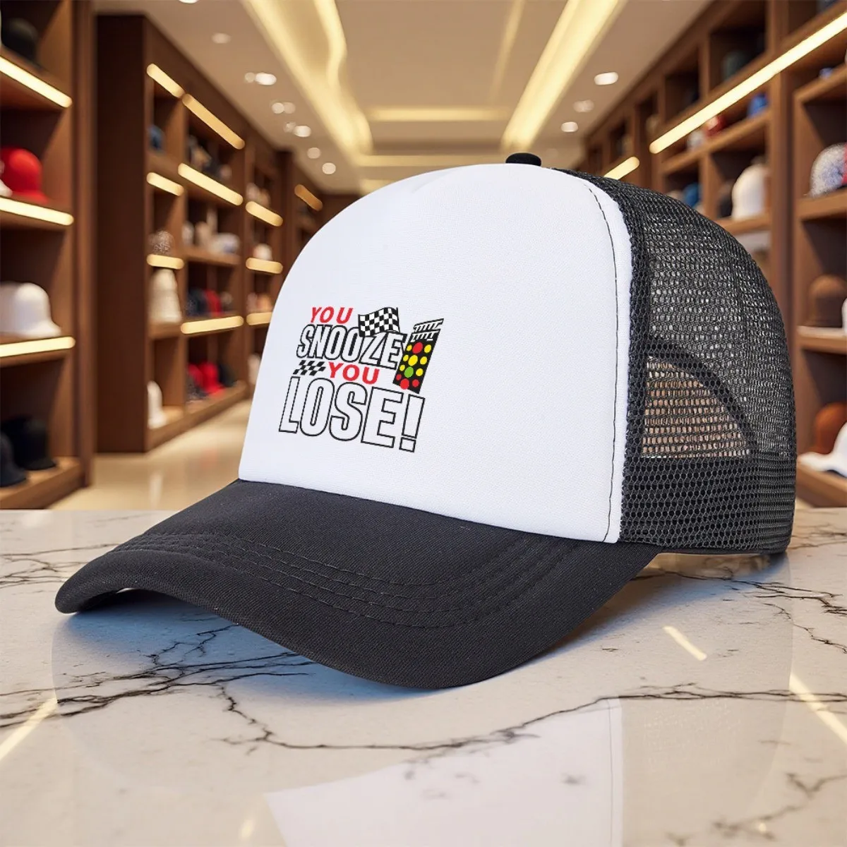 You Snooze You Lose Racing Drag Strip Trucker Hat Mesh Cap Breathable Outdoor Sports Adult