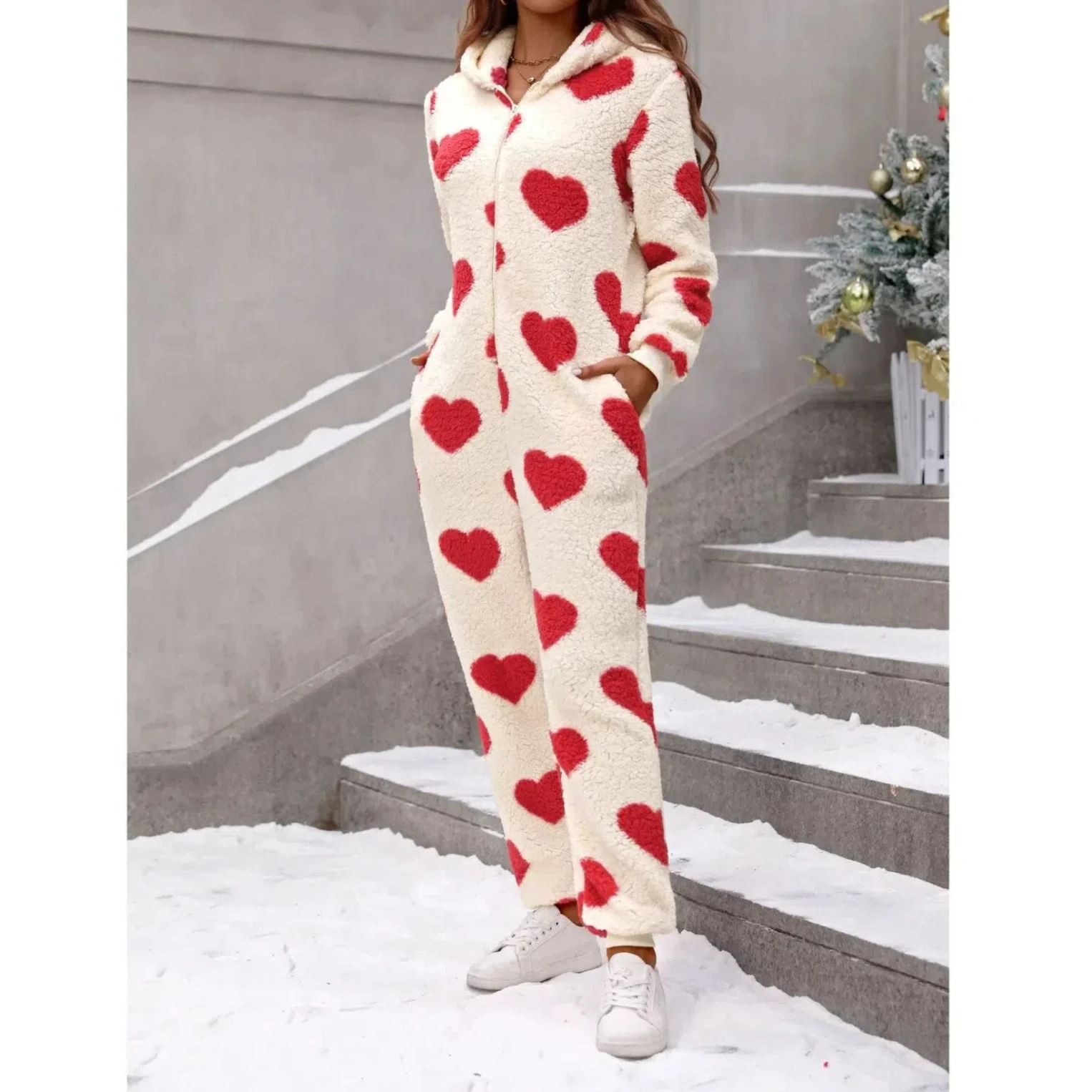 Jumpsuit Women 2024 Autumn Winter New Plush Heart Printed Long Sleeve Christmas Hoodie Casual Pocket Design Cuffed Jumpsuit