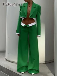 TWOTWINSTYLE Hit Color Two Piece Sets For Women Notched Collar Long Sleeve Blazer High Waist Wide Leg Pant Loose Set Female 2023