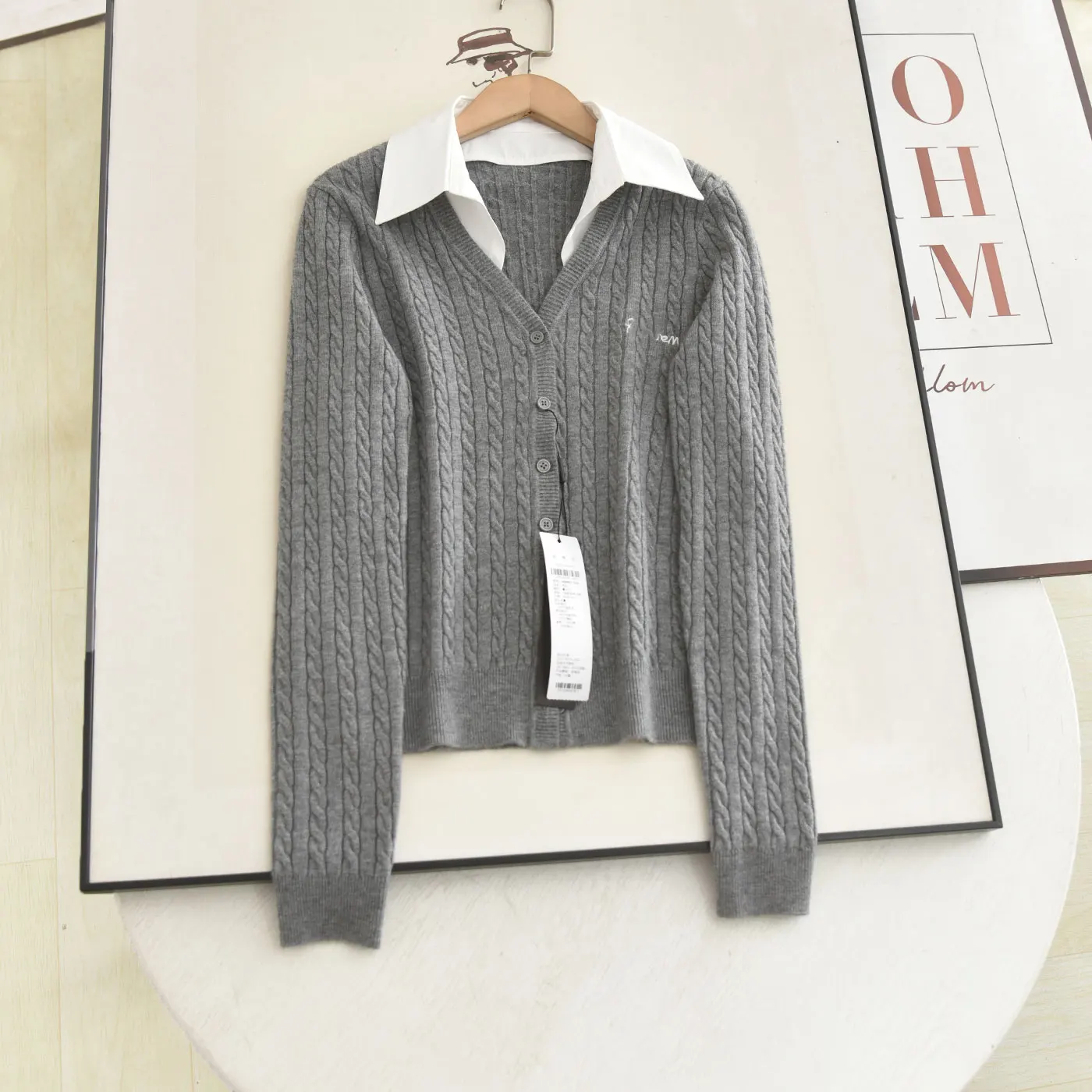 

2026 Spring Design Sense Color Blo Collar Slimming ey Twisted Knit Open Cardigan Women's Long Sve Casual Sle