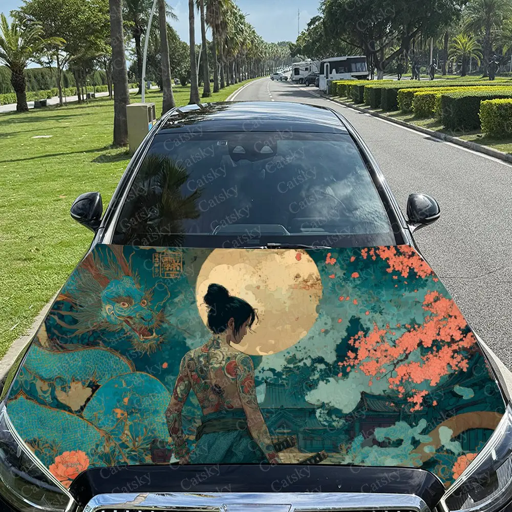 

Moonlit Cherry Blossom Tattooed Samurai Car Vinyl Wrap, PVC Material Waterproof Car Hood Sticker, Self-Adhesive Scratch-Resistan
