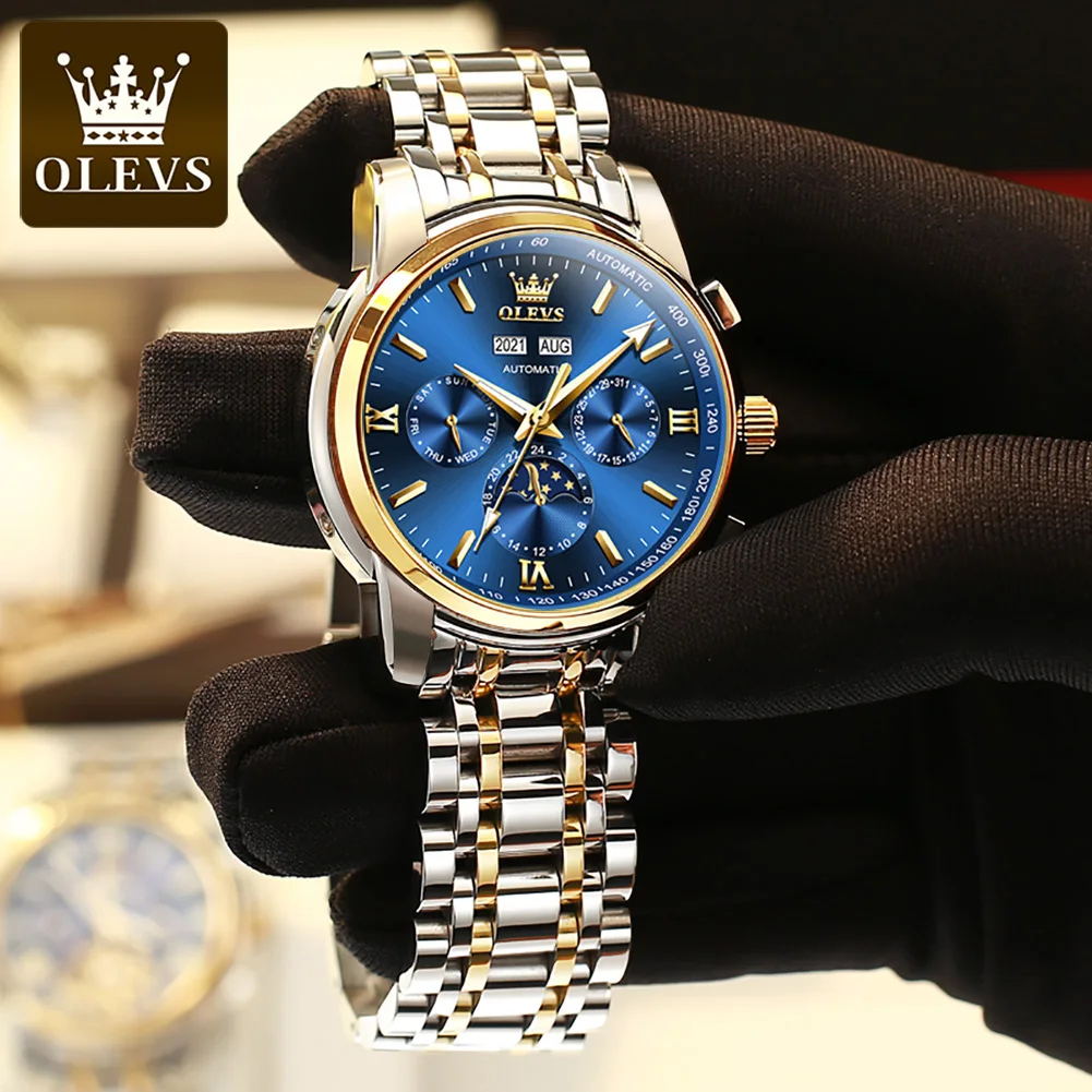 OLEVS-relojes automáticos para hombre, reloj de pulsera mecánico Original, resistente al agua, fase lunar, calendario, moda de lujo