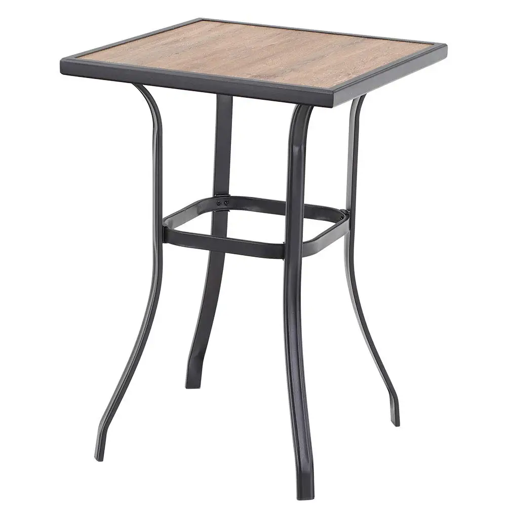 Patio Bar Table, Outdoor Bar Height Bistro Table with Wooden-Like Table Top & Metal Frame, Brown, Customized