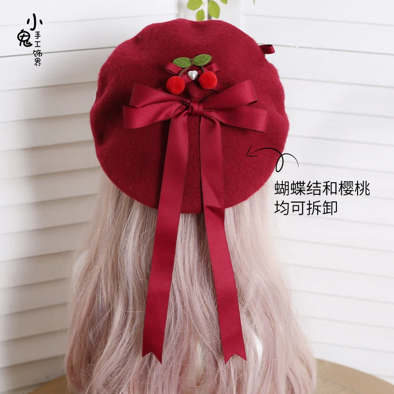 Sen female soft system of bowknot cherry beret qiu dong manual pure wool felt sweet painter cap hat