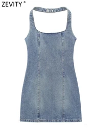 Zevity 2024 Women Sexy Sleeveless Denim Halter Mini Dress Female Chic Backless Side Zipper Fly Slim Party Vestidos DS328