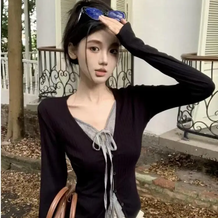 

Облегающая футболка Long Sve V-Ne с застежкой на талии, весенний дизайн, модный сексуальный топ для девочек, вязаный топ обычной длины