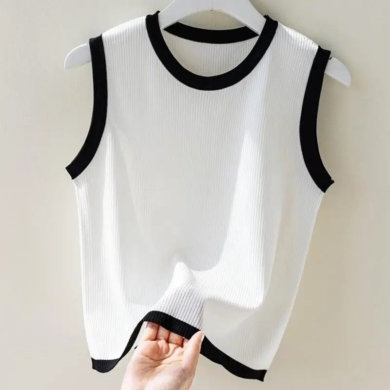 

Summer Women Clothing Knitted Tank Top Solid Basic O-neck Contrast Color Fashion Casual Bottoming Sleeveless Slim Sweater Vest