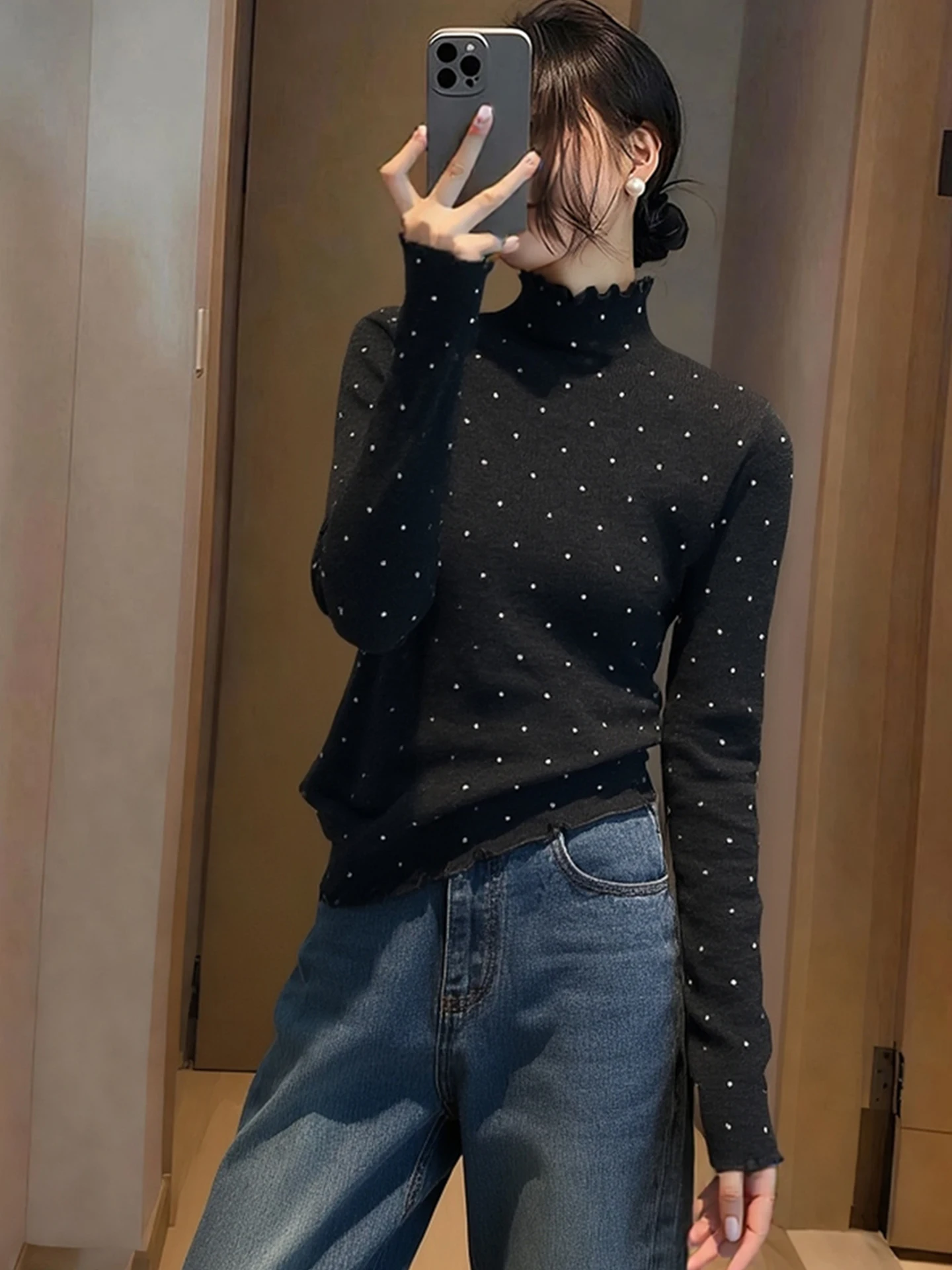 

Ele Polka Dot High Collar Long Sve Women's Base irt Autumn Winter Knitted Top Korean Sle Slim Fit Commute Wear