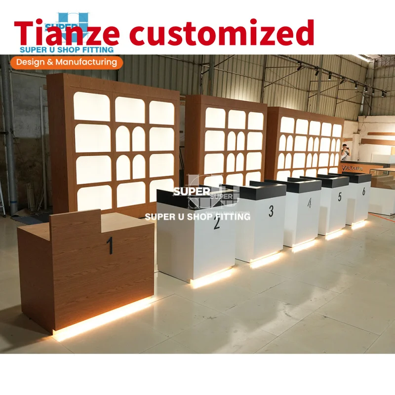 (Customized) Custom LED Lighting Display Rack Design Shop Furniture Vintage Smoke Shop Wood Display