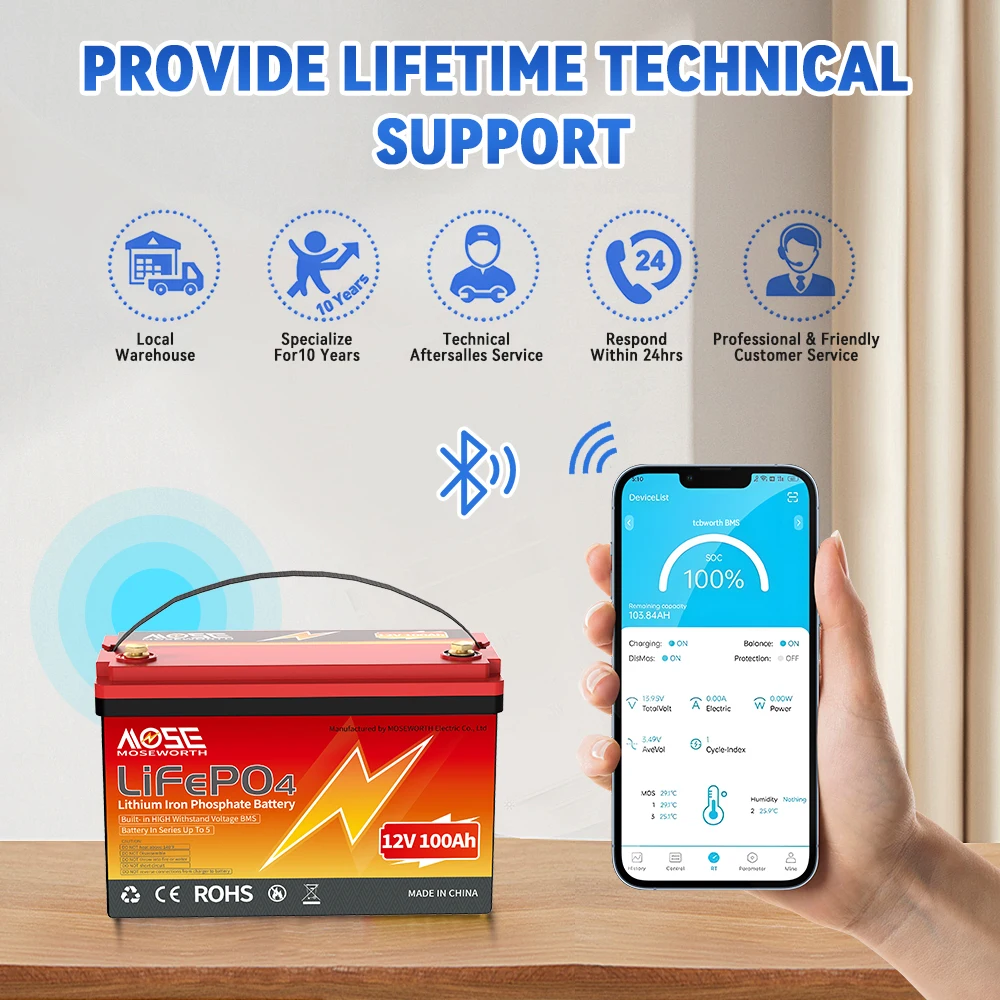 12V 100Ah LiFePO4 Lithium Battery With Bluetooth 12.8V 8000+Deep Cycle Battery Pack 100A Smart BMS For Marine Trolling Motor RV