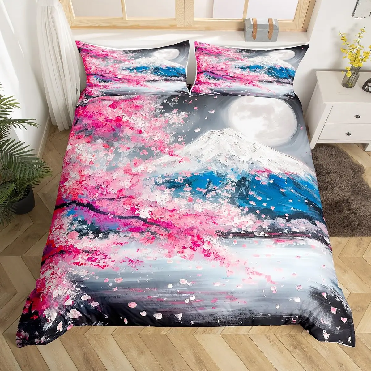Japanese-Style Bedding Set for Kids Boys Girls Mount Fuji Comforter Cover Cherry Blossoms Flower Duvet Cover Full Queen Size