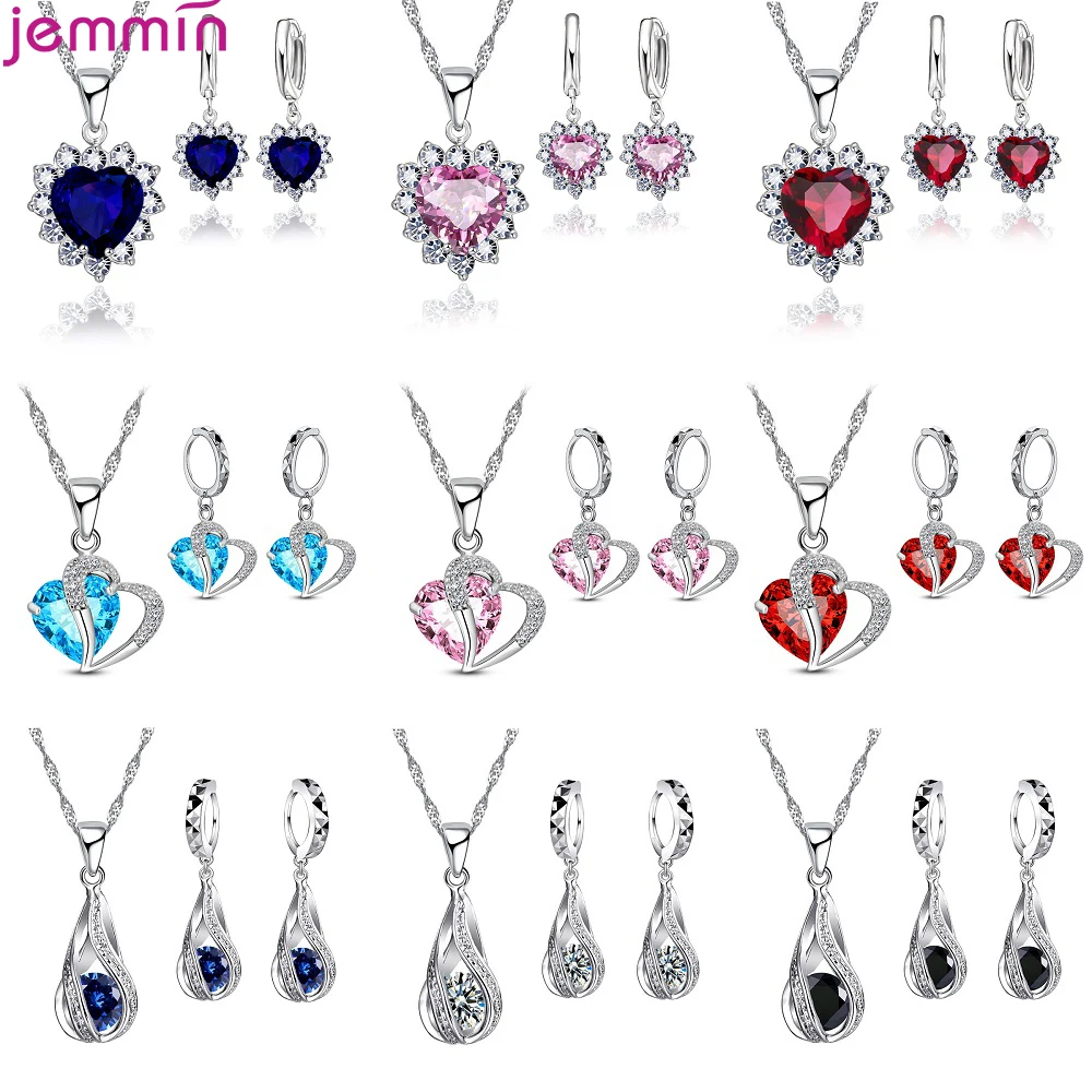 925 Sterling Silver Crystal Naszyjnik Kolczyki Zestaw biżuterii ślubnej dla kobiet Dziewczyny Prezent na rocznicę Hurtownia biżuterii modowej