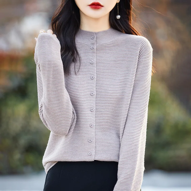 Осень-зима, Новое поступление, женский вязаный шерстяной свитер, полувысокий воротник, ребристый однотонный кардиган, верхняя одежда, топ