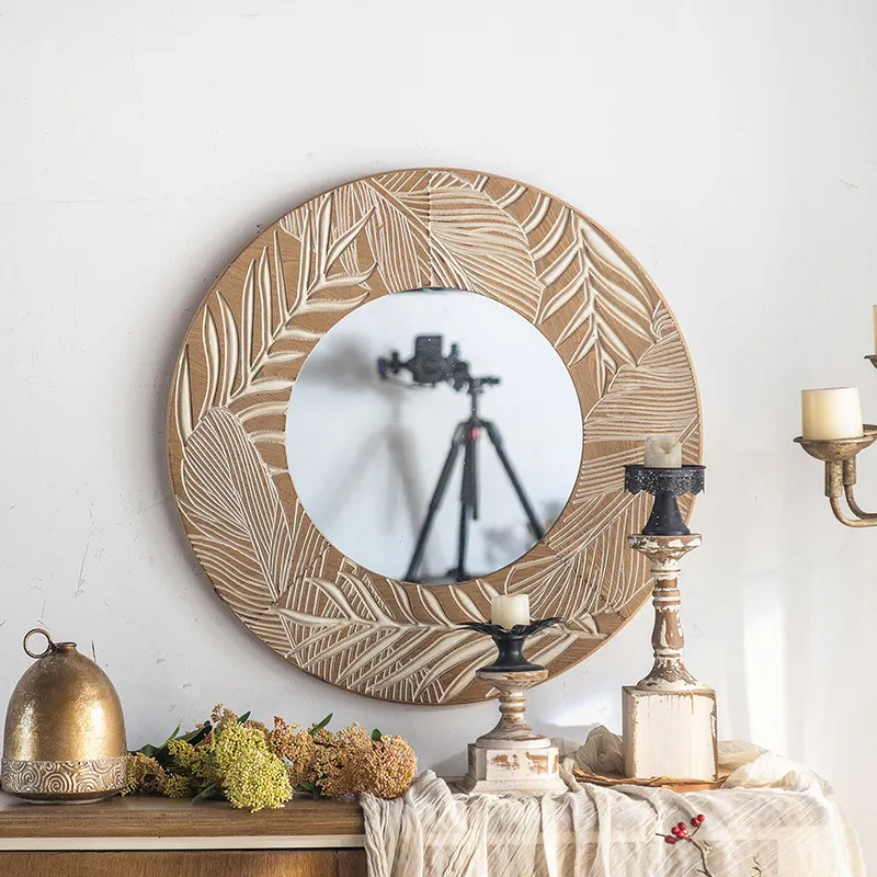Round makeup mirror retro fitting wall-mounted vanity log old art decorative mirror carved bathroom mirror