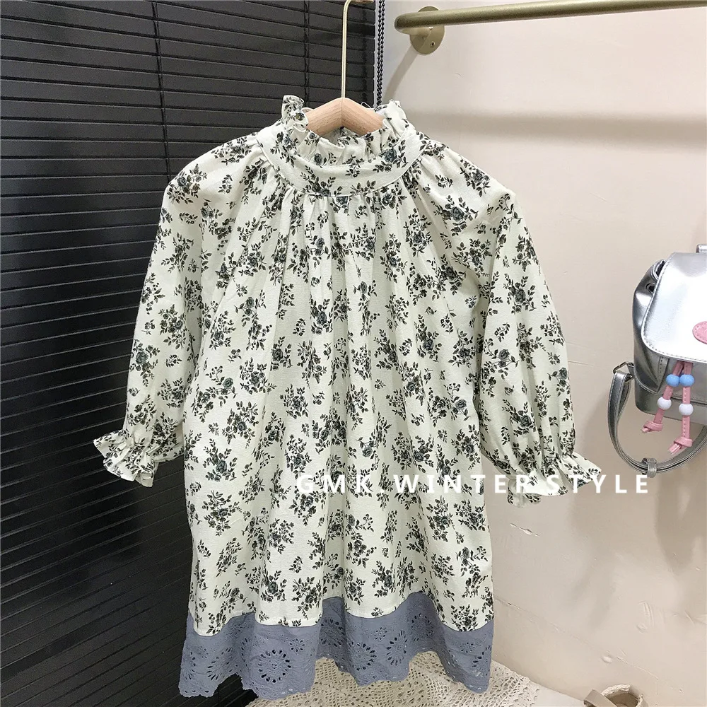 

2025 Spring Retro Children Girls Dress Cotton Floral Printed Spliced Hem Babys Girls Dress 1-8Y Kids Girl Soft Long Sleeve Dress