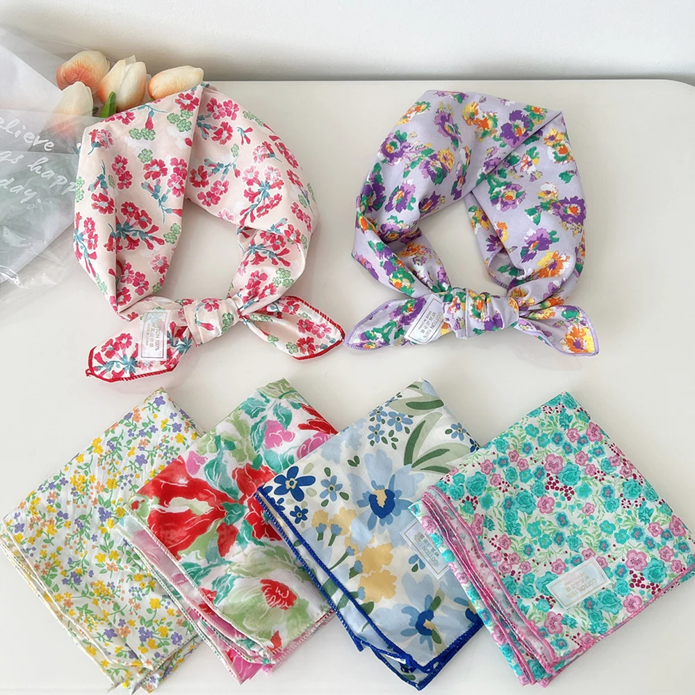 58*58cm Soft Cotton Linen Small Square Scarf Floral Print Hair Scarf Headscarf Hijab Shawl Headband Neckerchief Women Scarf