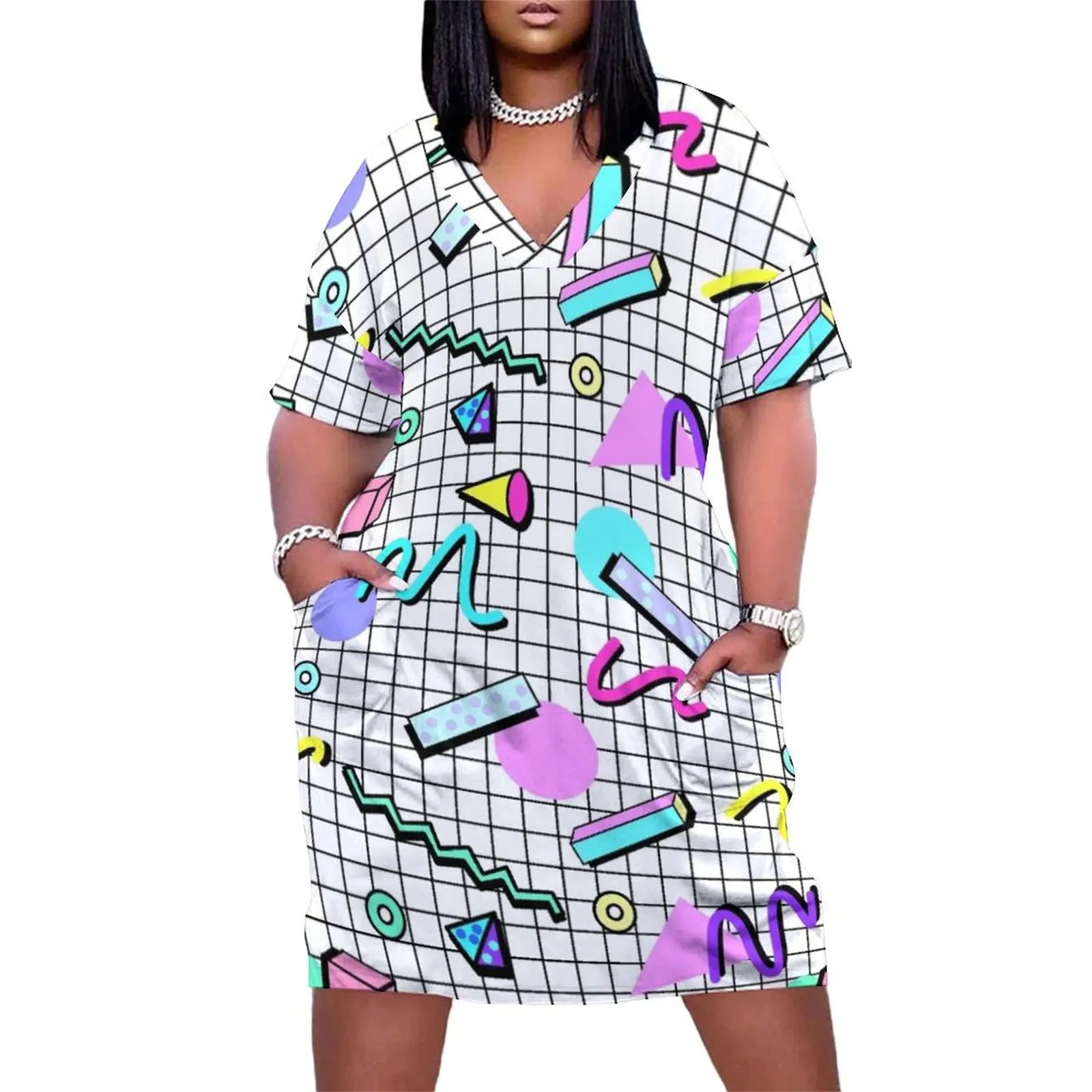 

80s Retro Party Grid Design (White BG) Loose Pocket Dress dress women elegant luxury elegant dress evening