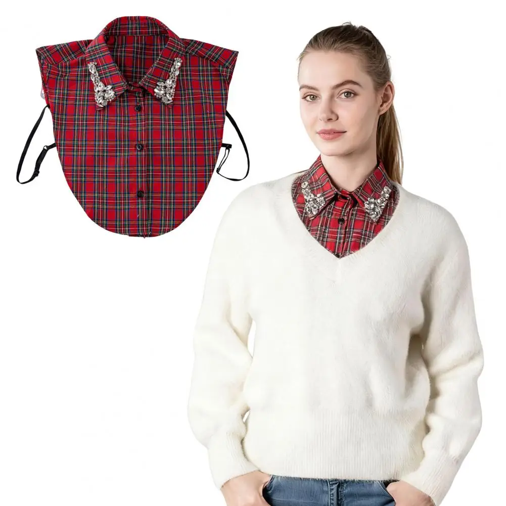 

Воротник-аксессуар для платья, красный рождественский воротник в клетку со стразами, праздничный красный рождественский клетчатый искусственный воротник с сверкающим праздником