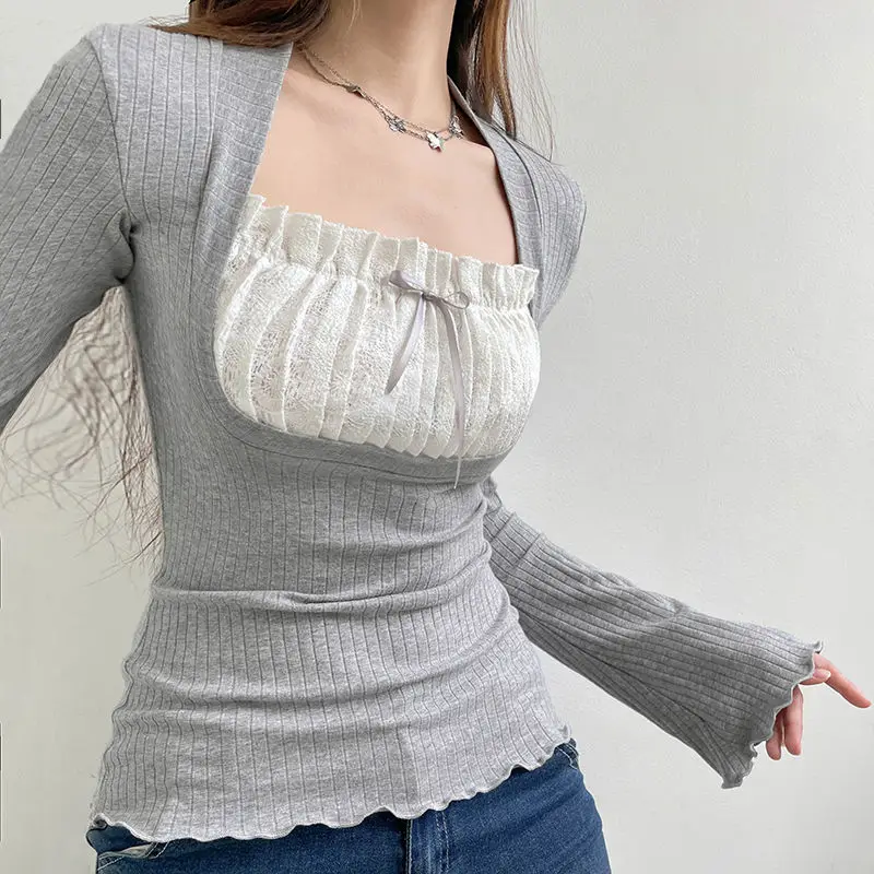 Ribbed T-Shirt Tops Y2k 2000s Women Fairy Chic Versatile Clothing Long Sleeve Square Tie Bow Decoration Elegant Streetwear