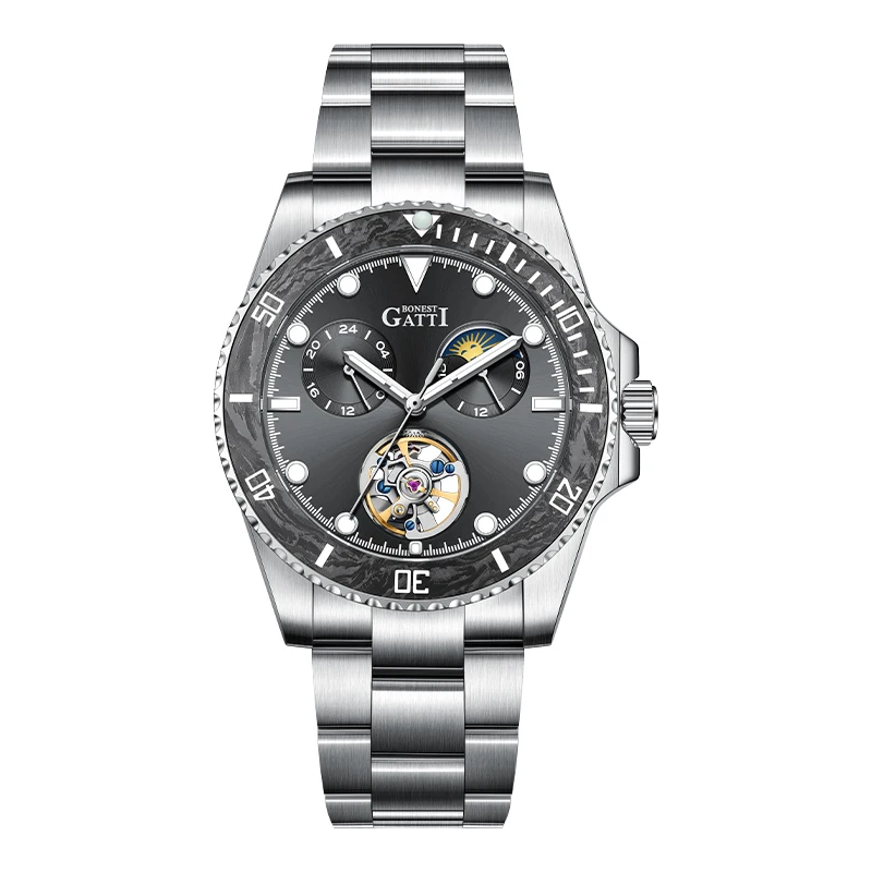 BONEST GATTI 남자 자동 시계 42mm 기계식 손목 시계 사파이어 빛나는 탄소 섬유 베젤 24 시간 주야간 다이얼