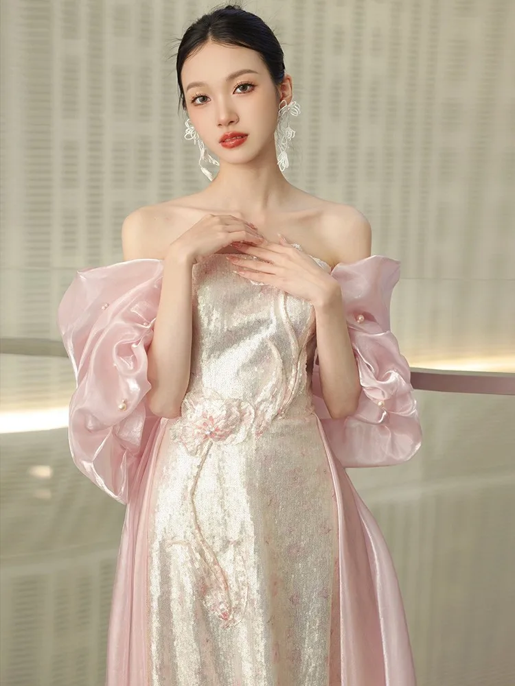 Morning gown pink cabinet banquet dress light luxury chest wipe art test style toasting