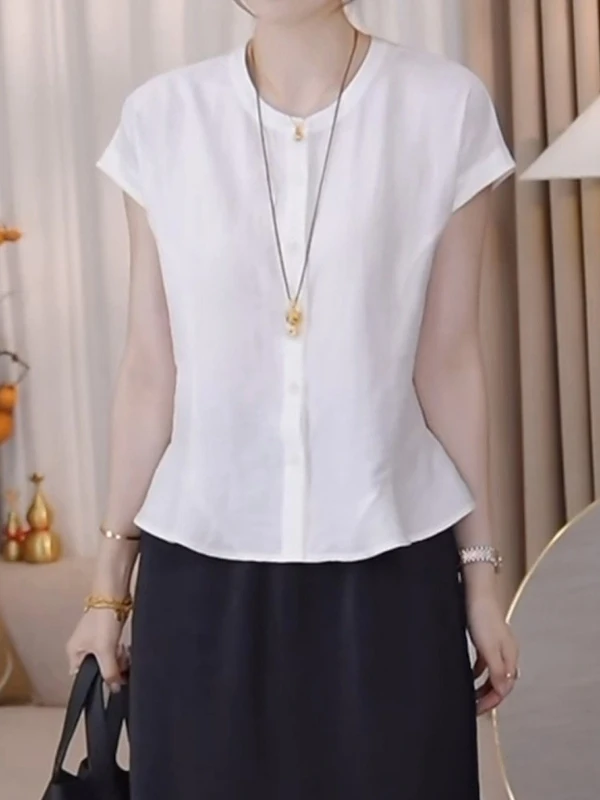 

Fashionable round Neck Short Sleeve Shirt Women's plus Size Summer Slimming Bowed Hemline Korean Style Commute Wind Shirt