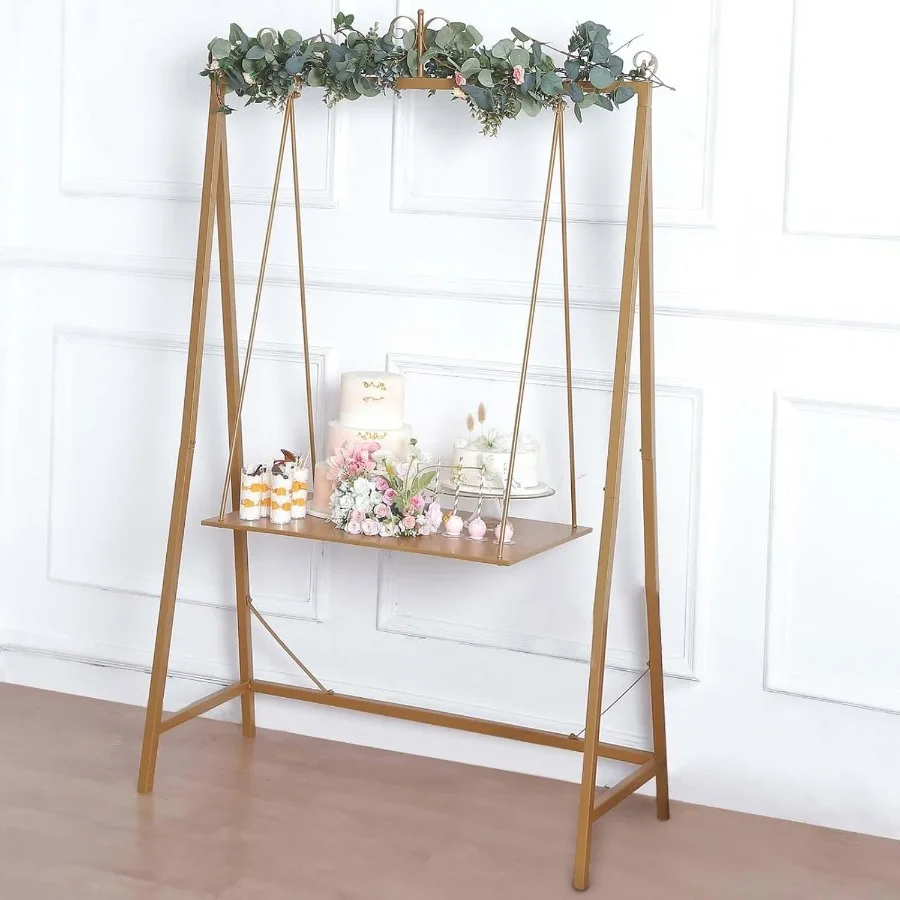 

6ft Tall Gold Metal Unique Hanging Dessert Display Swing Floor Stand Elegant Cake Serving Station