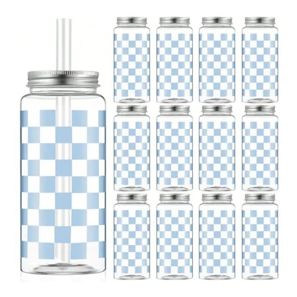 

Pack Light Blue Gingham Cups 13.5 Oz Clear Blue Checkered Plastic Cups With Lid And Straw Reusable Plastic Plaid Tumbler For Ba